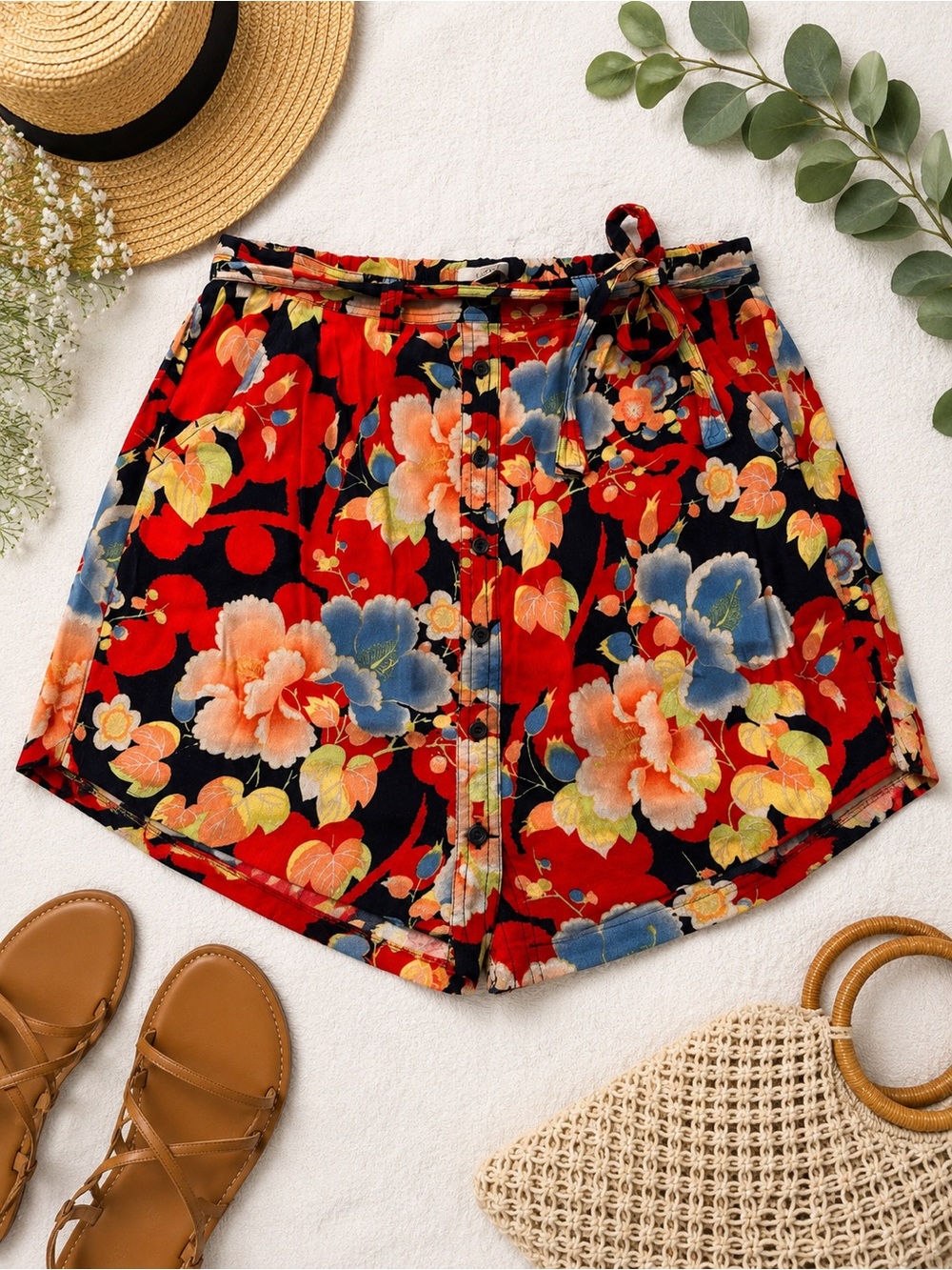 LOFT Floral Button Front Skirt Size Medium Red Navy Tropical Print